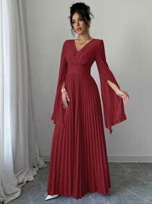 Elenzga Đầm Maxi Nữ Thanh Lịch Lãng Mạn Cổ Chữ V Tay Hở Xếp Ly Trang Phục Nữ - Gỗ đỏ - Xem 5