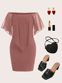 Reflora Đầm bodycon hở vai thanh lịch tối giản cỡ lớn mùa hè - Gỗ đỏ - Xem 2