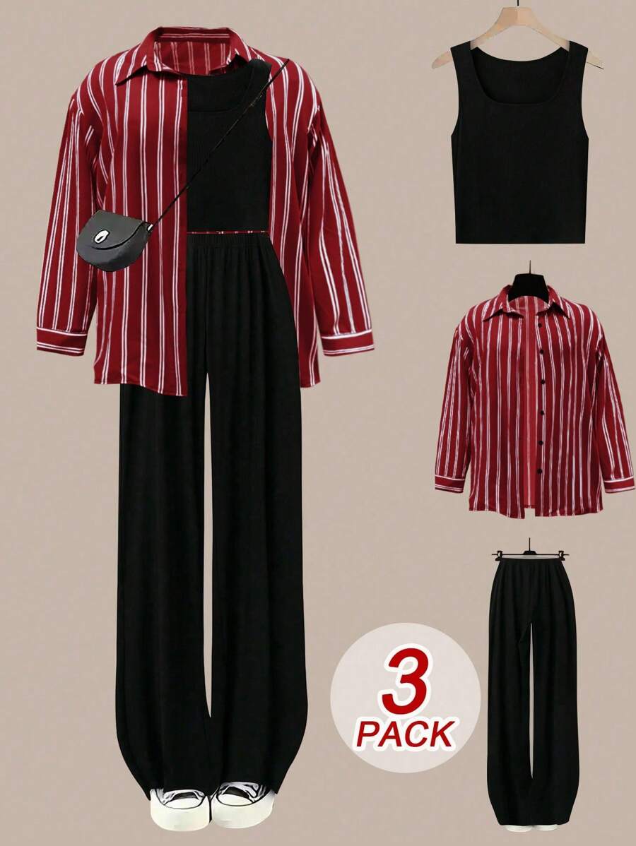 Flirla Completo casual da donna taglia grande in 3 pezzi: canotta, pantaloni a zampa, e camicia colorblock, adatto per il relax e l'abbigliamento da casa, stagione autunno/inverno