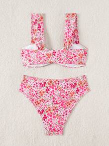 Swim Mod 春假女装夏季新款随机印花多色V领可调节肩带可爱碎花图案比基尼套装，假日风格 - 彩色 - 查看 7