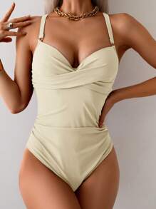 SHEIN Swim 1pc Adjustable Padded One-Piece Swimsuit, Solid Color Fashion, Suitable For Summer - Beige - View 6