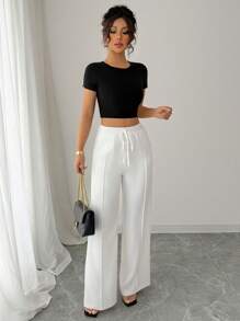 Elenzga 女士夏季白色优雅腰带设计直筒裤，高品质小众设计 - 白色 - 查看 4