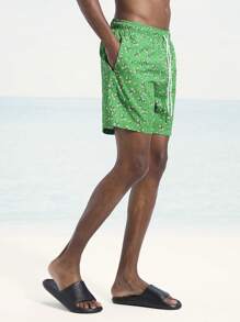 Surfspeed Men's Floral Print Drawstring Waist Pocket Beach Shorts - Green - View 6