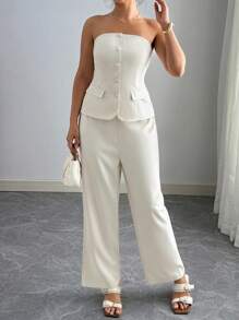 SHEIN PETITE 2pcs Plus Size Women Woven Solid Color Casual Fashion Button Decor Cold Shoulder Camisole Top And Straight Leg Pants Set - Apricot - View 5
