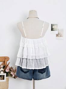 SHEIN Unity Women's Casual Solid Color Pleated Ruffle Spaghetti Strap For Holiday & Daily, Spring/Summer - White - View 2