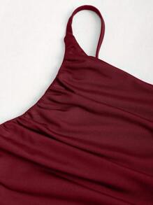 Sweetra 女士优雅简约不对称领口褶皱腰 A 字长裙，百搭无袖休闲日常穿着修身连衣裙，春夏 - 酒紅色 - 查看 5