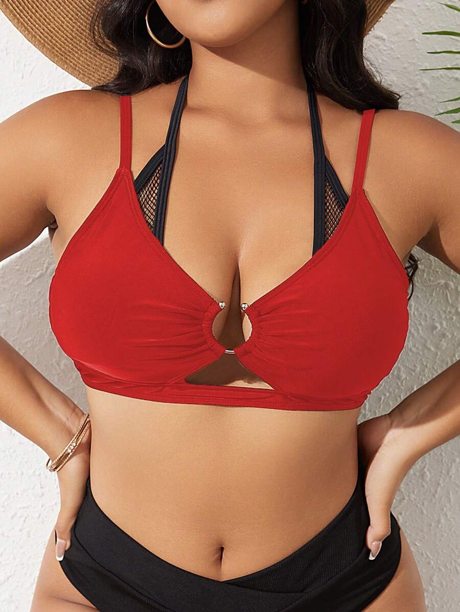 Swim SXY 大码女式休闲度假比基尼上衣 - 紅色 - 查看 1