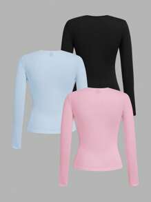 SHEIN EZwear 3件套女士休闲圆领长袖修身T恤套装，黑色，浅蓝色，浅粉色，适合春夏季 - 彩色 - 查看 2