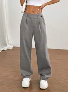 Flirla 1 pieza Pantalones casuales de color caqui asimétricos en la cintura para uso diario, ir al trabajo y de compras para mujeres - Gris Claro - Ver 6