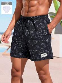Surfspeed Men's Floral Print Drawstring Waist Casual Beach Shorts - Black - View 1