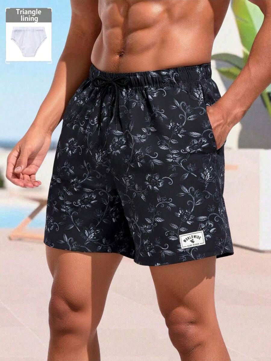 Surfspeed Men's Floral Print Drawstring Waist Casual Beach Shorts - Black - View 1