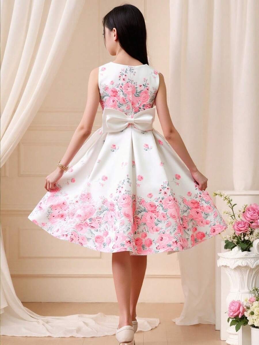 Pitira Pitira Tween Girls' Elegant Floral Print Satin Sleeveless Dress, Summer - Multicolor - View 1