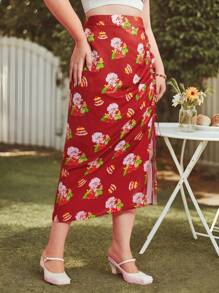 Strawberry Shortcake X SHEIN Plus Size Y2k Cute Strawberry Cake Print Drawstring Side Skirt - Red - View 1