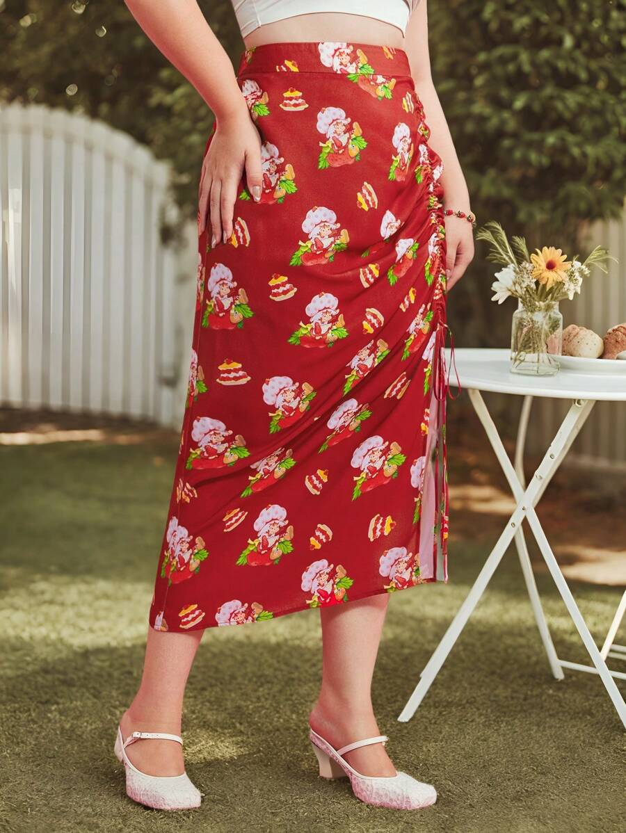 Strawberry Shortcake X SHEIN Plus Size Y2k Cute Strawberry Cake Print Drawstring Side Skirt - Red - View 1