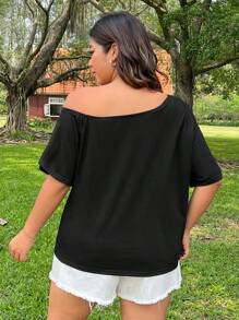 SHEIN EZwear Plus Size Women's Loose Cherry Fruit Print Off Shoulder Short Sleeve Casual T-Shirt