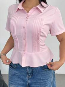 Flirla Ruched Waist Short Sleeve Pink Blouse, Simple Fashion Versatile Fitted Button-Up Polo Collar Tops - Pink - View 4