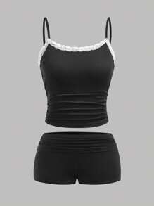 Girlism 2pcs/Set Teen Girls' Casual Plain Color Spaghetti Strap Top And Shorts Suit, Summer Spring & Summer, Valentine's Day, "Clean Girl" Style, Black