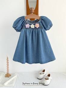 Cozy Pixies Baby Girl Ruffle Trim Denim Short Sleeve Square Neck Waisted Casual Dress - Blue - View 3