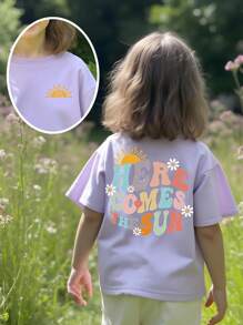 SHEIN 1pc Girls Fashion Casual Sunflower Colorful Letter Slogan Floral Print Loose Short Sleeve T-Shirt, Suitable For Summer Holiday Versatile Top