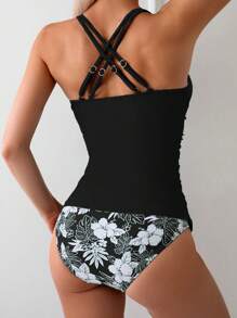 SHEIN Swim Random Tropical Plant Print Tankini Swimsuit Set For Summer Beach Vacation - Black - View 2