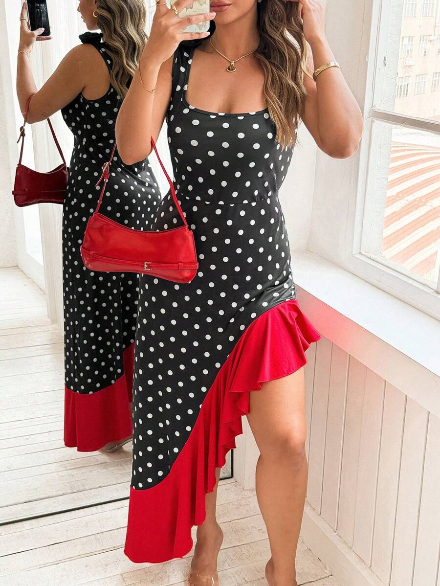 Flirla Plus Size Polka Dot Print Ruffle Hem Sleeveless Dress - Black - View 1