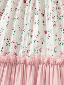 SHEIN Vestido de niña con mangas abullonadas, decoración de lazo, bloque de color y estampado floral ditsy - Estilo campestre encantador, apropiado para uso diario y de vacaciones