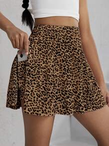 SHEIN Tween Girl Leopard Print Anti-Exposure Shorts Skort - Brown - View 1
