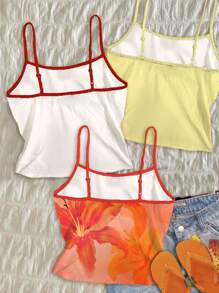 Attitoon Set de 3 tops de tirantes tipo camiseta con estampado floral de cerezas, naranjas e hibiscos, estilo playa/vacaciones para mujer, apropiados para el verano