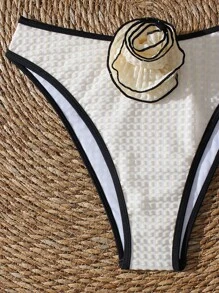 SHEIN Women's 2pcs Floral Textured Bandeau Bikini Swimwear, Casual Versatile Beach Triangle Bottom Swimwear, Sweet Girl Style For Summer Beach Vacation - Apricot - View 7