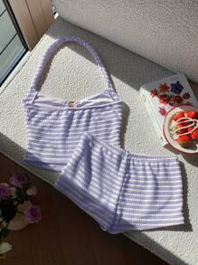 Comfortcana Stripes Print Halter Top And Ultra Shorts 2 Pieces Casual Outfit Set For Summer - Mauve Purple - View 2