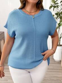 SHEIN Clasi Plus Size Solid Color Knitted Commuter Top, Minimalist - Teal Blue - View 4