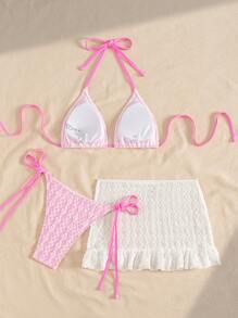 SHEIN Swim 3 pièces/Set Top de bikini style licou pour femmes, sous-vêtements de bain à nouer sur les côtés, et jupe paréo à volants en maille pour ensemble de maillot de bain pour vacances et plage