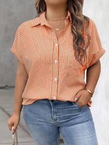 Vionelle Áo cánh dơi sọc ngang tay ngắn rộng rãi cho nữ cỡ lớn - trái cam - Xem 1