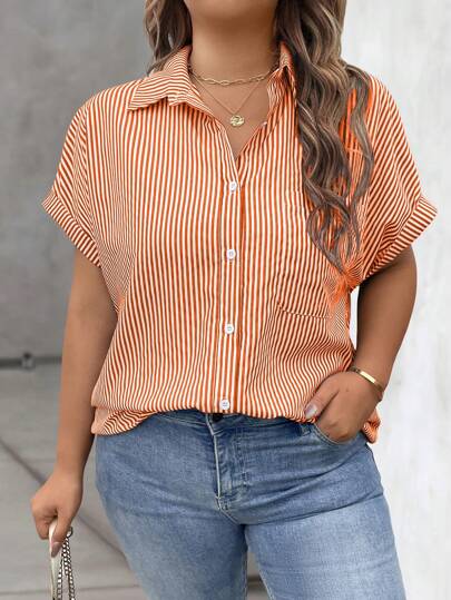 Vionelle Blusa holgada de manga corta de murciélago a rayas para mujer de talla grande