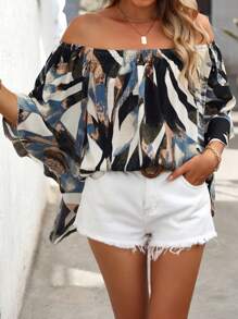 Breezaya 度假休闲植物印花露肩喇叭袖衬衫上衣