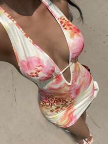 Sunnyshic Vacation-Style Sexy V-Neck Patchwork Halter-Tie Ruched Mini Dress, Racy Short Dress For Spring/Summer