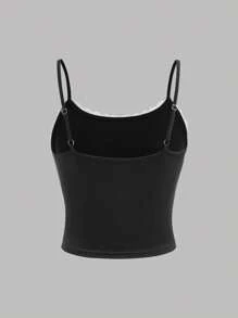 Girlism 2pcs/Set Teen Girls' Casual Plain Color Spaghetti Strap Top And Shorts Suit, Summer Spring & Summer, Valentine's Day, "Clean Girl" Style, Black