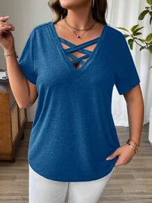 Plus Size Women's Cross V-Neck Short Sleeve T-Shirt, Summer - Blue - View 5