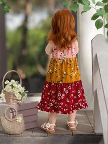 SHEIN Gaun Bayi Perempuan Longgar Kasual Sederhana Nyaman Manis Imut Motif Bunga Patchwork - Berwarna merah muda - View 8