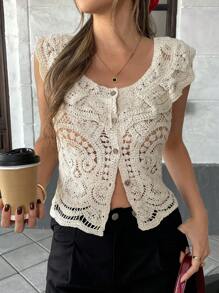 Pariaura Women's Hollow-Out Lace Knit Tank Top, Vacation Style, Summer - Apricot - View 1