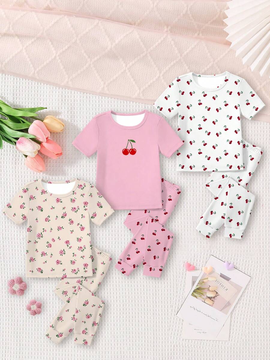 Young Girls 6pcs/Set Snug Fit Pajamas - Spring/Summer Ditsy Floral & Cherry Print, Casual Comfortable Stretchy Short Sleeve Shirt And Long Pants - Multicolor - View 1