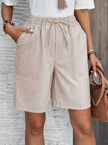 EMERY ROSE Plus Size Women's Summer Solid Color Bermuda Shorts With Side Pockets, Loose Knee-Length Mid Waist Basic Style,Spring/Vacation - Apricot - View 5