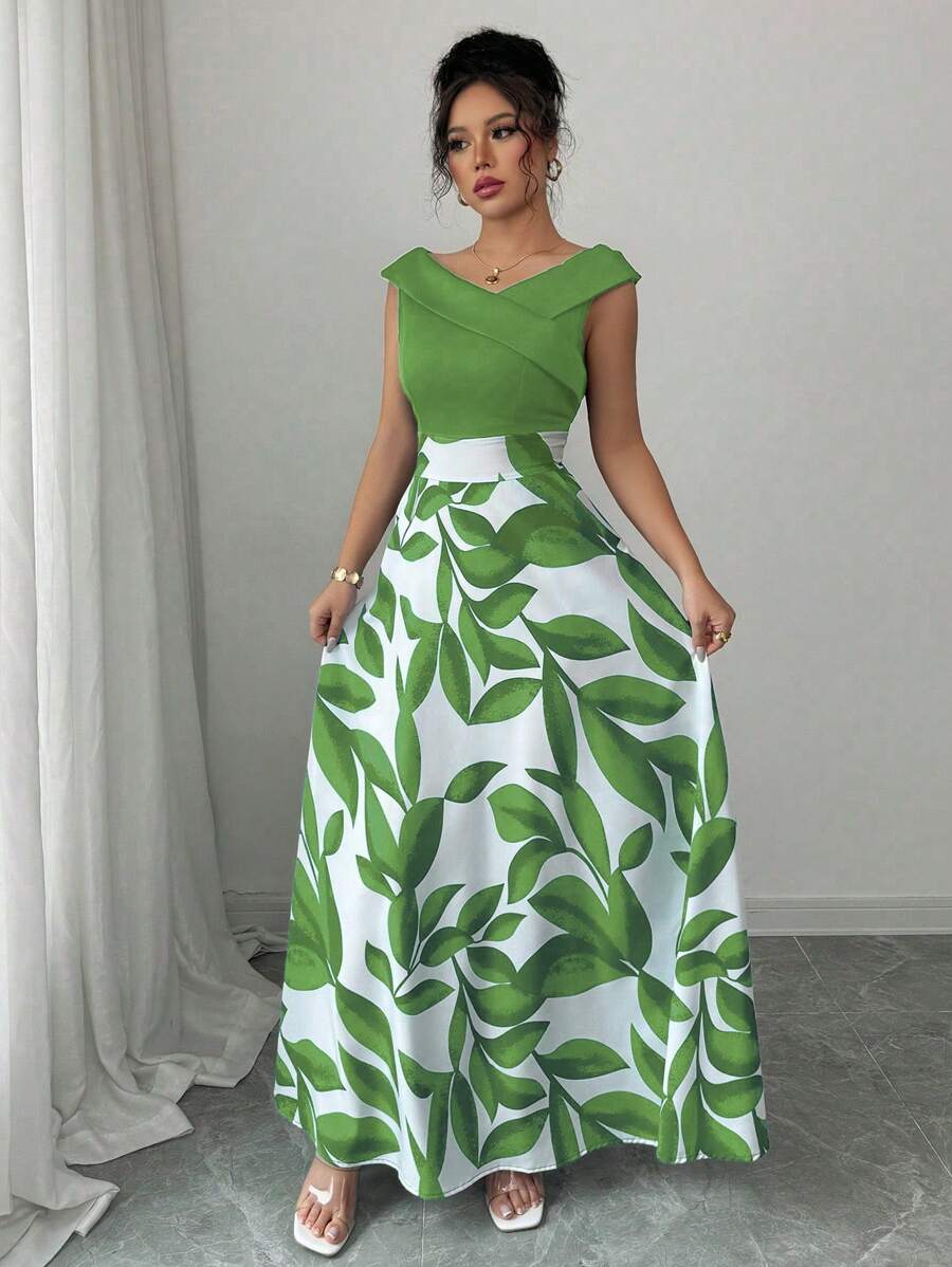 Elenzga Women's Blue Splicing Print Sophisticated V-Neck Cinched Waist Flared Hem Casual Holiday Dress - Green - View 1