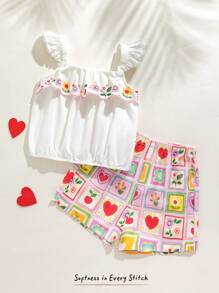Cozy Pixies 2pcs Baby Girl Floral Plant Print Bib Top And Elastic Waist Shorts Set - Multicolor - View 6