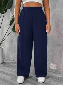 SHEIN PETITE CURVE Quần xếp ly màu trơn cỡ lớn dành cho nữ Petite - Màu xanh hải quân - Xem 4