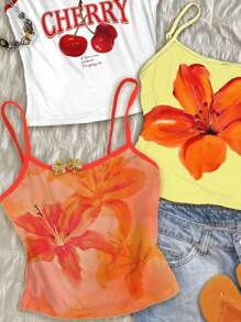 Attitoon Set de 3 tops de tirantes tipo camiseta con estampado floral de cerezas, naranjas e hibiscos, estilo playa/vacaciones para mujer, apropiados para el verano