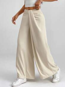 SHEIN X Scheana SHEIN PETITE CURVE 大码纯色时尚裤，适合夏季 - 杏色 - 查看 3