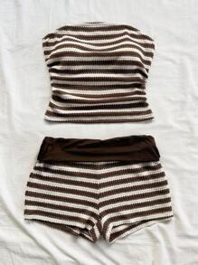 Soleia 2pcs Set: Ruched Bandeau & Low Waist Shorts In Red & White Contrast Color, Textured Crochet Knit, For Vacation,Summer Sets