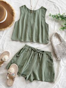 Soleia Women's Vacation Casual Loose Backless Tie Textured Fabric A-Line Tank Top & Elastic Waist Shorts With Pockets, For Beach & Seaside