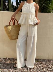 Livesso 2Pcs/Set Women's Summer Vacation Casual Solid Color Ruffled Hem Top And Pants Set - Apricot - View 3